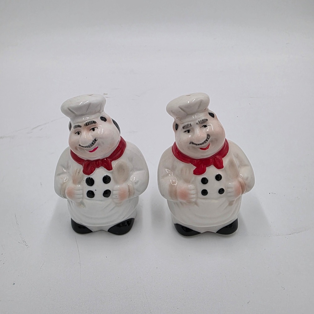 Vintage Fat Chef Ceramic Salt and Pepper Shakers Set White Red Black 3.5 Inch